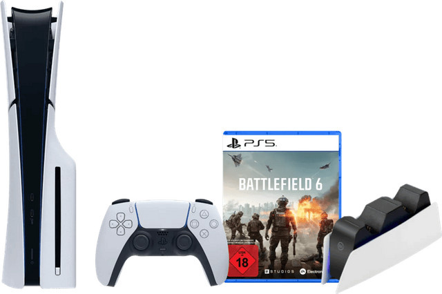Sony PlayStation 5 Slim Konsole mit Laufwerk in Weiß inklusive Battlefield 6 und Ladestation für 4K UHD Gaming - Bild 1
