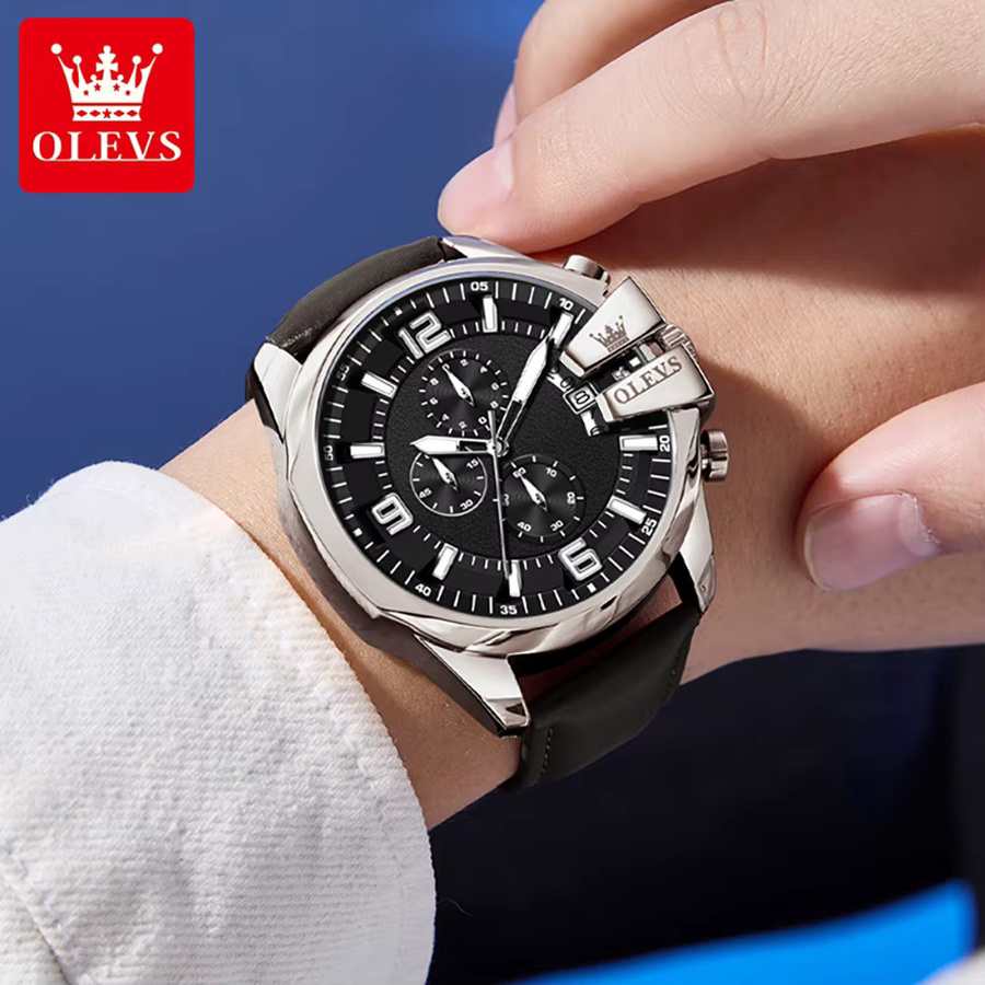 OLEVS Chronograph, Armbanduhr, Quarz, Edelstahl, Leder, 52 mm, Herren - Bild 4