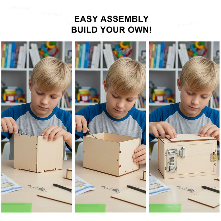 Chriyungel DIY Holz-Sparbüchse mit mechanischem Zahlenschloss, Bausatz, Lernspielzeug - Bild 3