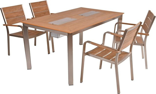 DELUKE Gartenmöbel Set FRANK 5-teilige Gartengarnitur in Braun mit Esstisch und Stapelstühlen aus Kunststoff und Aluminium - Bild 1