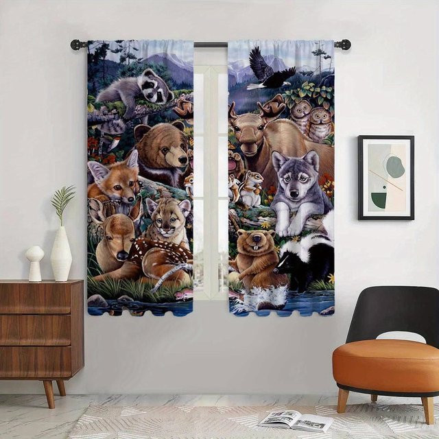 2er-Set Yiran Furniture Vorhänge mit Tierdruck Dschungel Elefant Fuchs Giraffe, Mehrfarbig, B: 100 cm, H: 130 cm - Bild 1