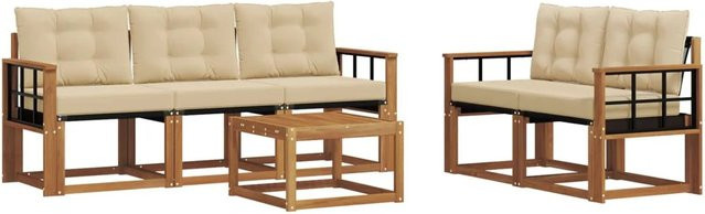vidaXL Outdoor-Sofagarnitur 6-teilig aus Akazienholz mit Textilene und Kissen in Natur und Beige - Bild 1
