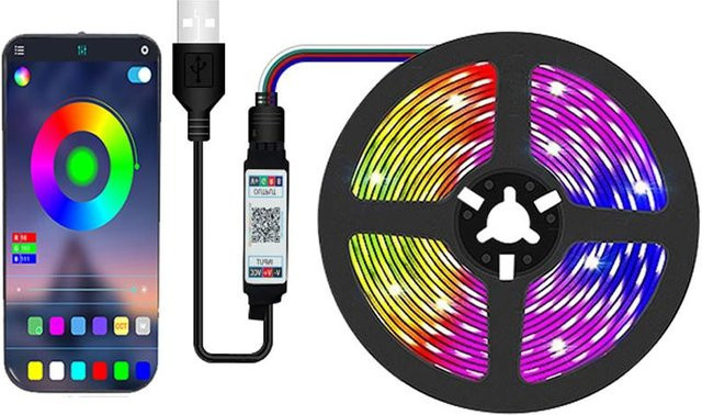 Amill USB-LED-Streifen RGB mit Bluetooth und 5050 SMD Dioden für TV-Hintergrundbeleuchtung und Party-Dekoration, Mehrfarbig - Bild 1