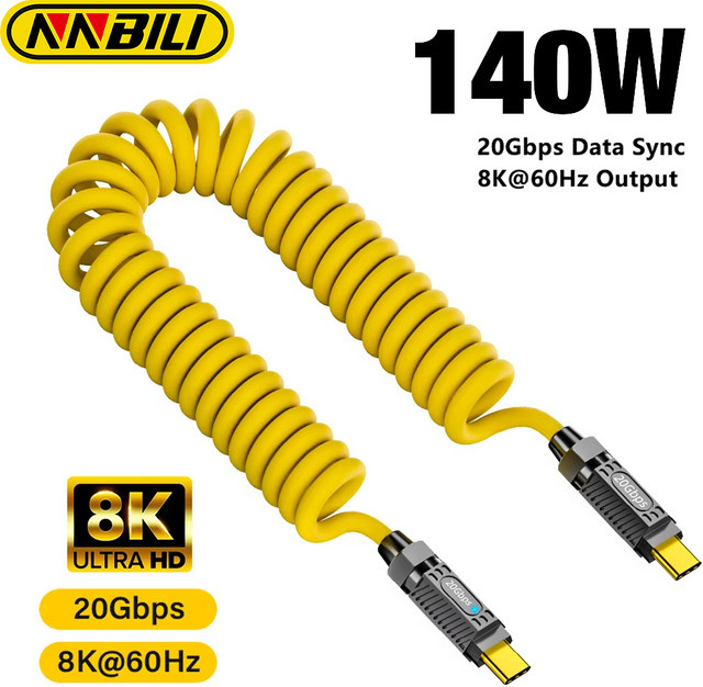 NNBILI USB C auf USB C Kabel mit 20 Gbit/s USB 3.2 und Thunderbolt 3 Kompatibilität, Federzug-Design, PD3.1 140 W 5 A, Gelb - Bild 1