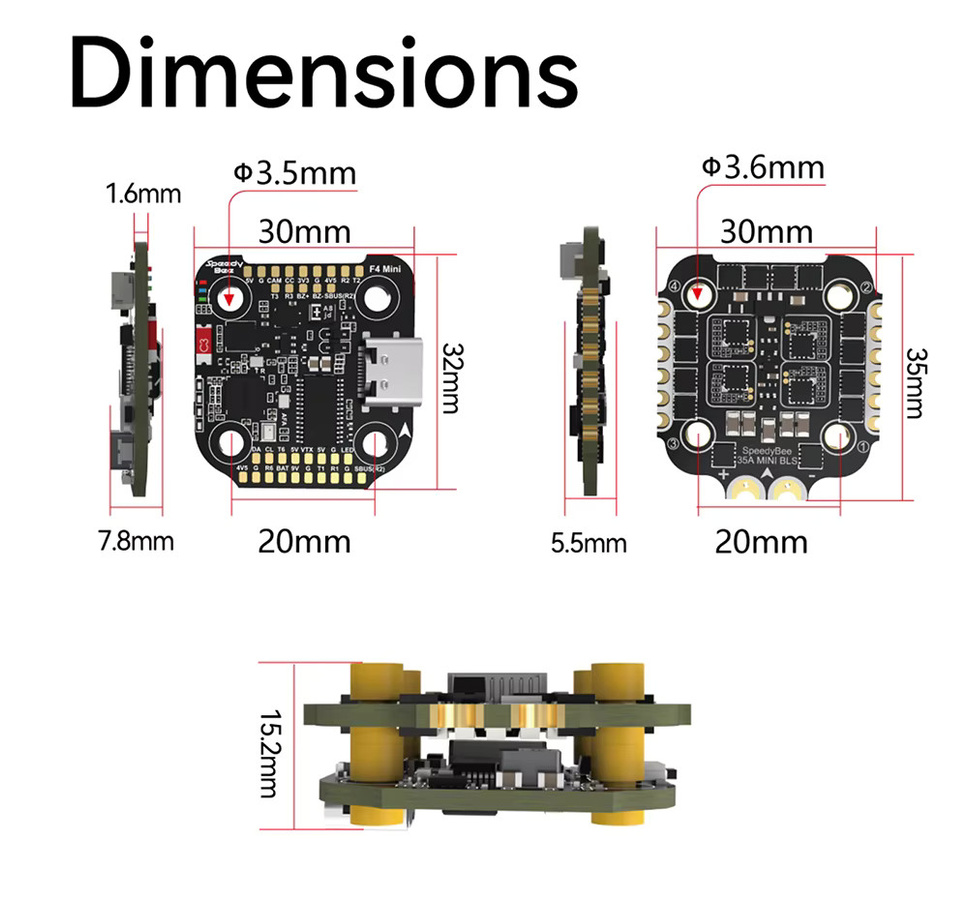 SpeedyBee F405 Mini Stack Flugcontroller FC mit 35A BLS V2 ESC für RC FPV Racing Drohnen, Schwarz, 20x20 mm - Bild 3