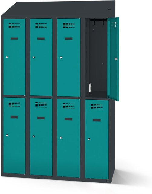 rotstahl Garderobenspind mit 8 Türen und Ladefunktion, Farbe Türkis mit anthrazitgrauem Korpus, B: 120 cm, H: 200 cm - Bild 1