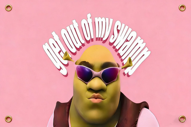 Shrek-Meme Wandteppich Get Out of My Swamp aus Polyester, rosa Wanddekoration mit Shrek und Sonnenbrille, B: 90 cm, H: 60 cm - Bild 1