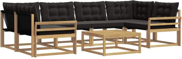 vidaXL Outdoor-Sofagarnitur 7-teilig aus Akazienholz mit Textilene-Bezug und Polstern in Weiß und Schwarz, L-Form mit Couchtisch und Ottomane, B/T/H: 79 x 79 x 37 cm - Bild 1