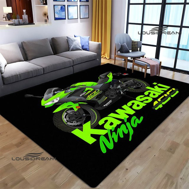 LOUSIDREAM Druckteppich mit 3D Retro Kawasaki Logo in Schwarz und Grün, rutschfester Teppich für Wohnzimmer, Schlafzimmer oder Outdoor - Bild 1