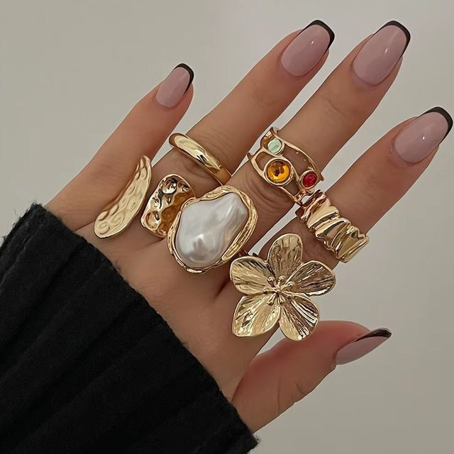 KunJoe Ringe-Set, 6-teilig, goldfarben, Kristall, Perle, Damen - Bild 1