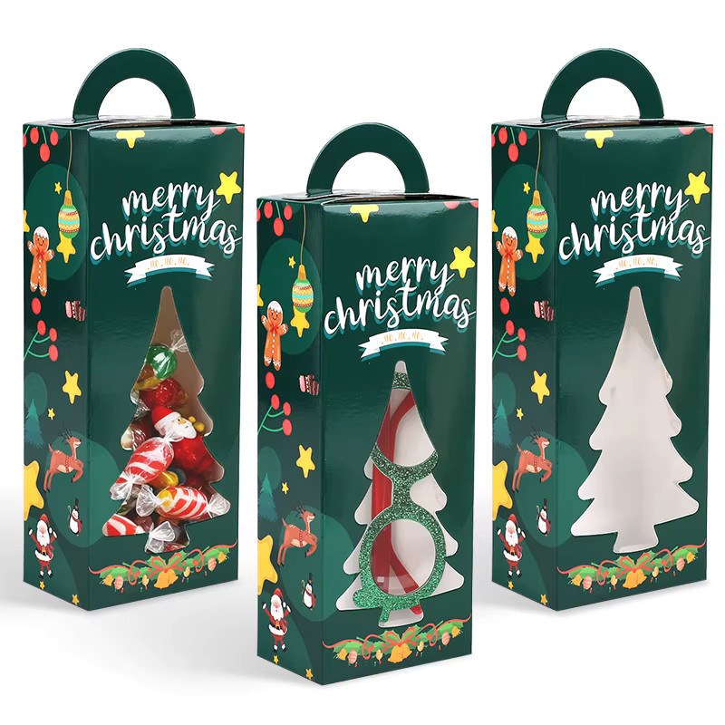 ZQNYCY Weihnachtsgeschenk-Verpackungsboxen in Weihnachtsbaum-Form mit transparentem Fenster, grün, aus Papier für Süßigkeiten und Kekse - Bild 5