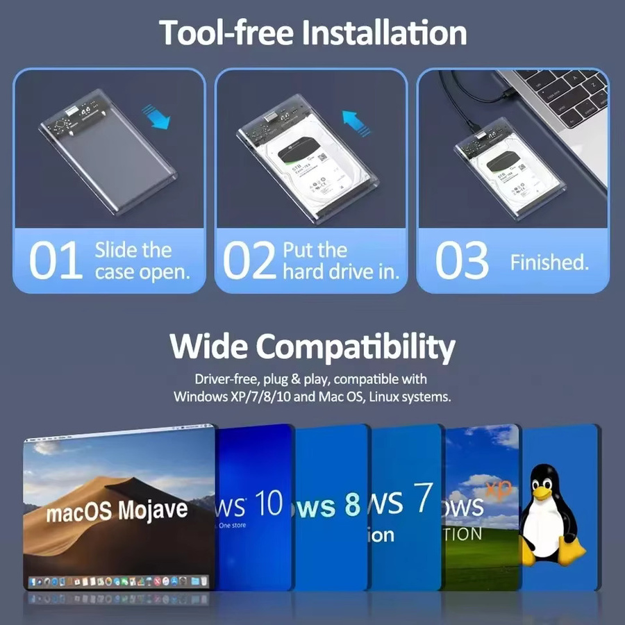 Congdi Externes 2,5-Zoll-Festplattengehäuse mit USB 3.0 und USB-C auf SATA III für SSD und HDD inklusive UASP-Unterstützung - Bild 5