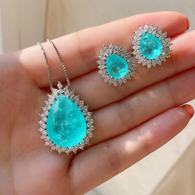 Halskette mit Anhänger, 925 Silber, Paraiba-Turmalin, Smaragdstein, Zirkonia, Damen, 45 cm - Bild 1