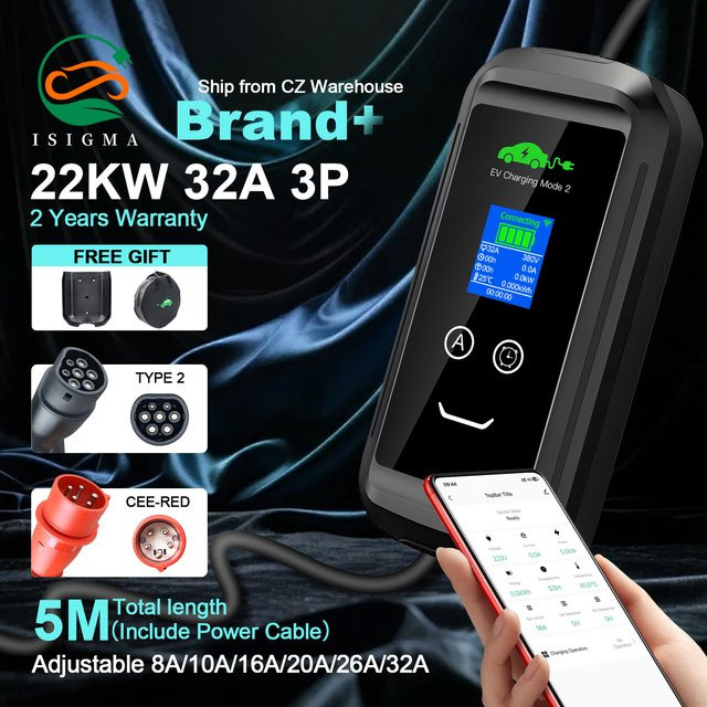 ISIGMA Tragbare EV-Ladestation 32A 22KW mit 5M Kabel in Schwarz, Steuerung über Tuya App via WLAN und Bluetooth - Bild 1