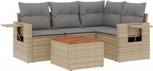 vidaXL 5-teilige Garten-Sofagarnitur aus Poly-Rattan mit Kissen in Beige und Akazienholz - Bild 1