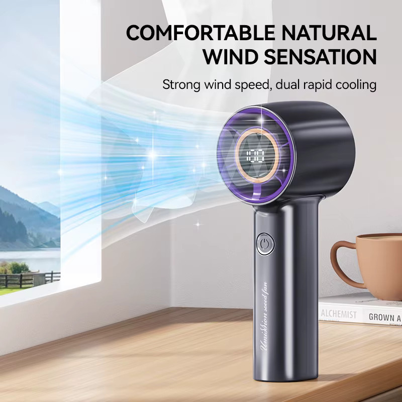 HAOYUNMA Mini-Hochgeschwindigkeits-Handventilator mit 100 Gängen, wiederaufladbarer 2-in-1-USB-Ventilator mit LED-Anzeige in Beige, leise und leistungsstark für Reisen und Camping - Bild 4