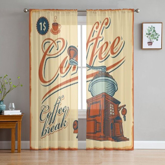 Super Six Transparenter Chiffon-Vorhang Café Chiffon mit Retro-Kaffeemühle-Motiv in Beige, Breite: 135 cm, Höhe: 114 cm - Bild 1
