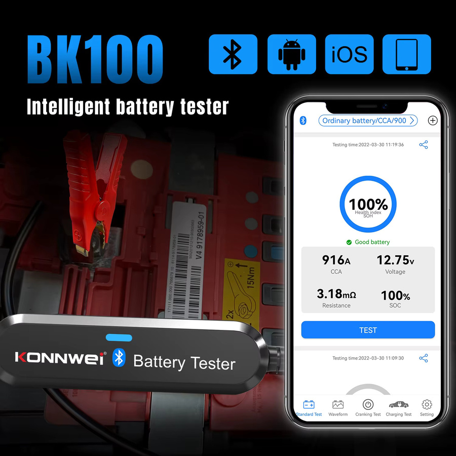 KONNWEi Bluetooth Autobatterietester zur Überwachung der Batteriespannung und zum Ladescan für 6V, 12V und 24V in Schwarz-Silber - Bild 3