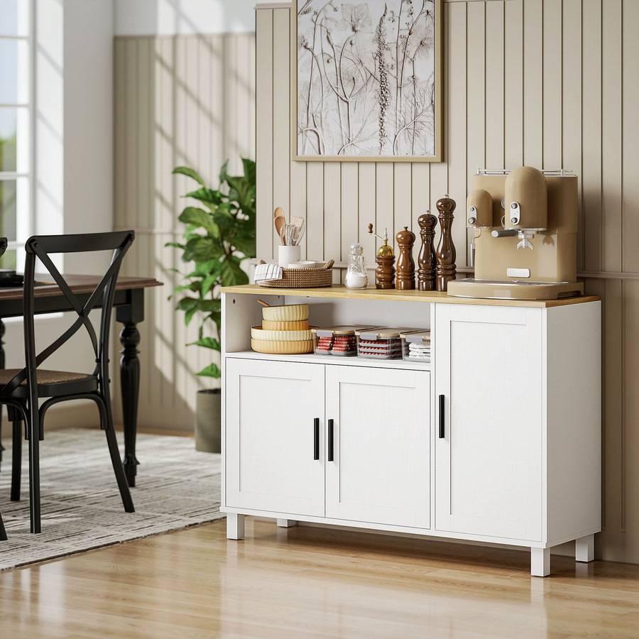 HOMCOM Küchenkommode Weiß mit Soft-Close-Türen und Kiefernholzbeinen, moderner Buffetschrank mit verstellbarem Regal und offenem Fach, B/T/H: 110 x 33 x 75 cm - Bild 2