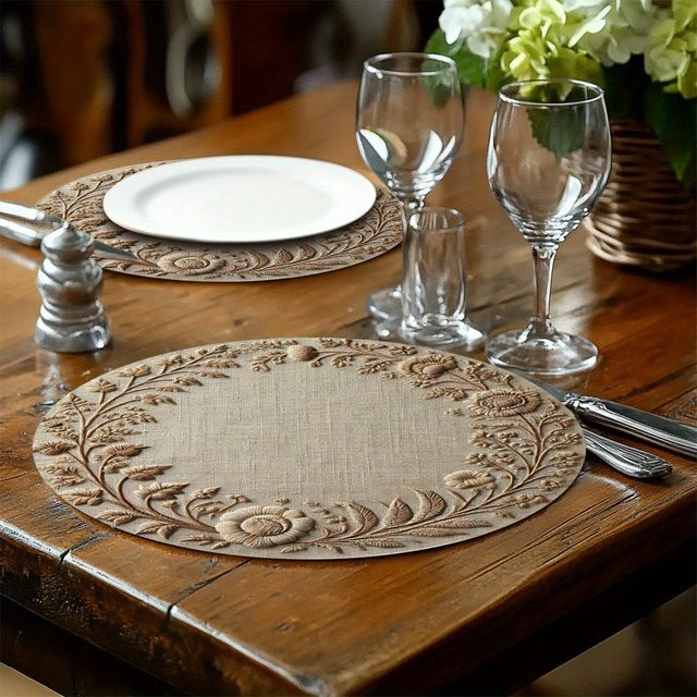 VIKAMA Tischset Reispalmen-Spitzen-Design in Beige, rund, wasserdicht und ölbeständig im nordischen Stil - Bild 1