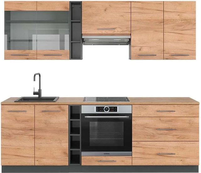 Vicco Fame-Line Küchenzeile Goldkraft Eiche und Anthrazit, Breite: 235 cm, modern mit Soft-Close-Türen - Bild 1