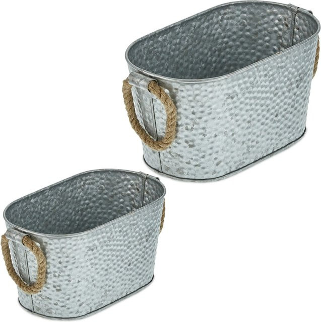 Relaxdays Zinkwanne im 2er Set, Silber, gehämmert, oval, B/T/H: 27 x 13,5 x 15 cm - Bild 1