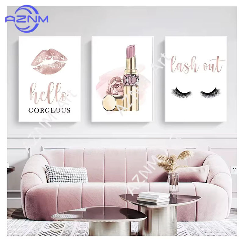 AZNM Wandkunst Set Hello Gorgeous in Roségold und Weiß, Leinwandgemälde mit Lippenstift und Wimpern Motiv für glamouröse Dekoration - Bild 2