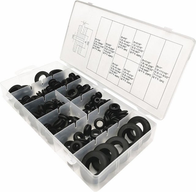 Meterk Gummitüllen Sortiment aus Dichtungsringen und Gummiunterlegscheiben für Drähte, Stecker und Kabel, Grau und Schwarz, 180 Stück - Bild 1