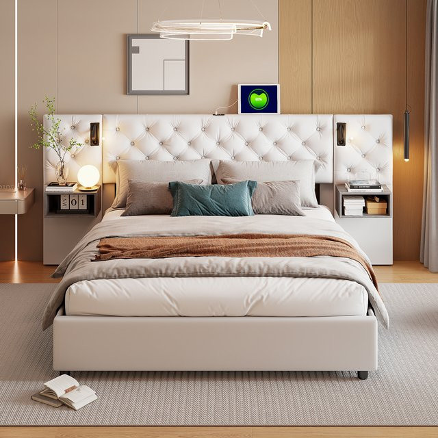 FANGANGE Samtbett in Beige mit Stauraum, gepolstertes Bettgestell mit extra breitem Kopfteil, integrierten Nachttischen, Leselampen und hydraulischer Lift-up-Basis, B/T/H: 160 x 200 cm - Bild 1