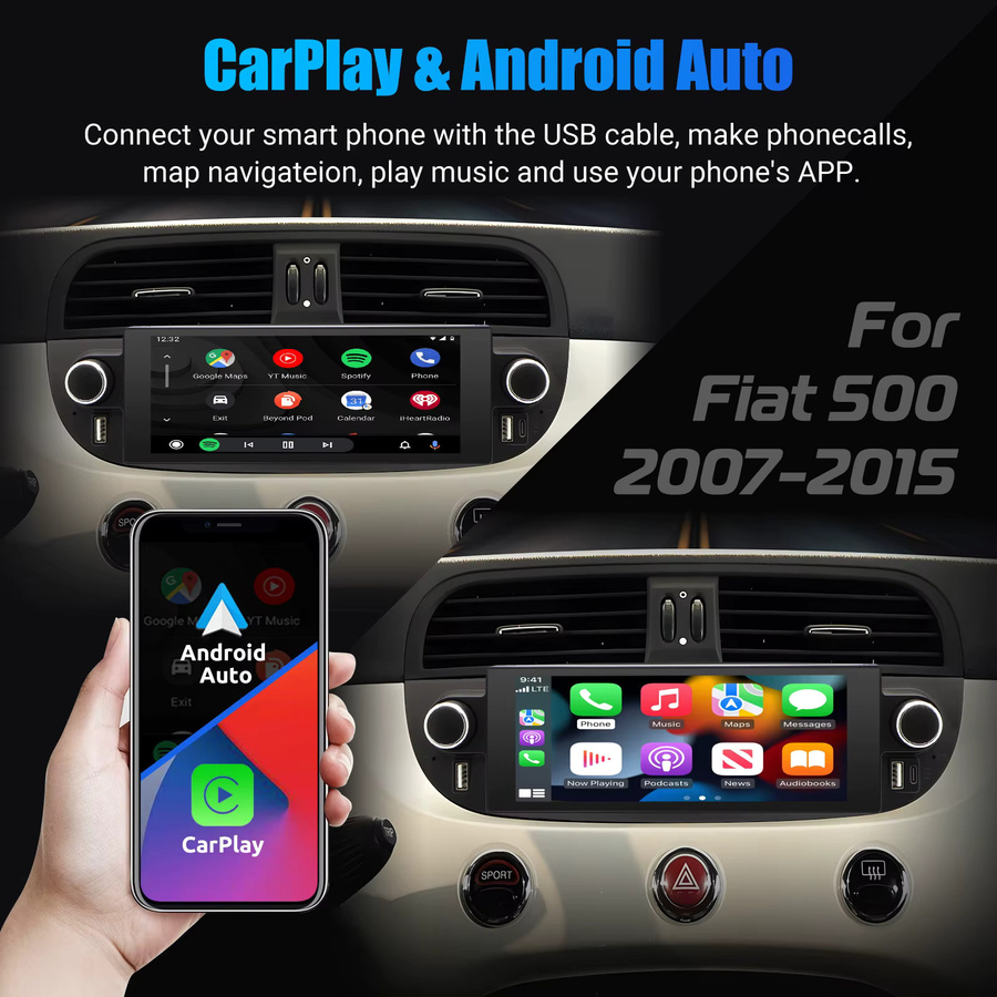 ESSGOO Android 15 Autoradio für Fiat 500 Abarth 2007-2015 mit 6,86 Zoll Display, 4+64G, Bluetooth, Wireless CarPlay, GPS, WiFi und Dual USB in Schwarz - Bild 3