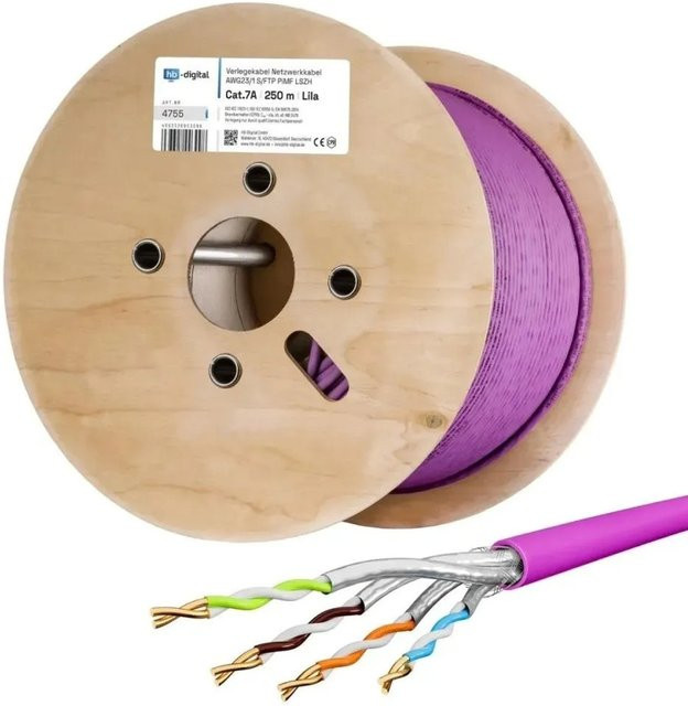 hb-digital Netzwerkkabel CAT 7a Verlegekabel S/FTP AWG23 LSZH 250m Lila - Bild 1