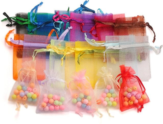 100er Set QIAO Organza Beutel in Gelb und Multicolour mit Kordelzug für Schmuck, Süßigkeiten und Geschenke zu Weihnachten oder Hochzeiten - Bild 1