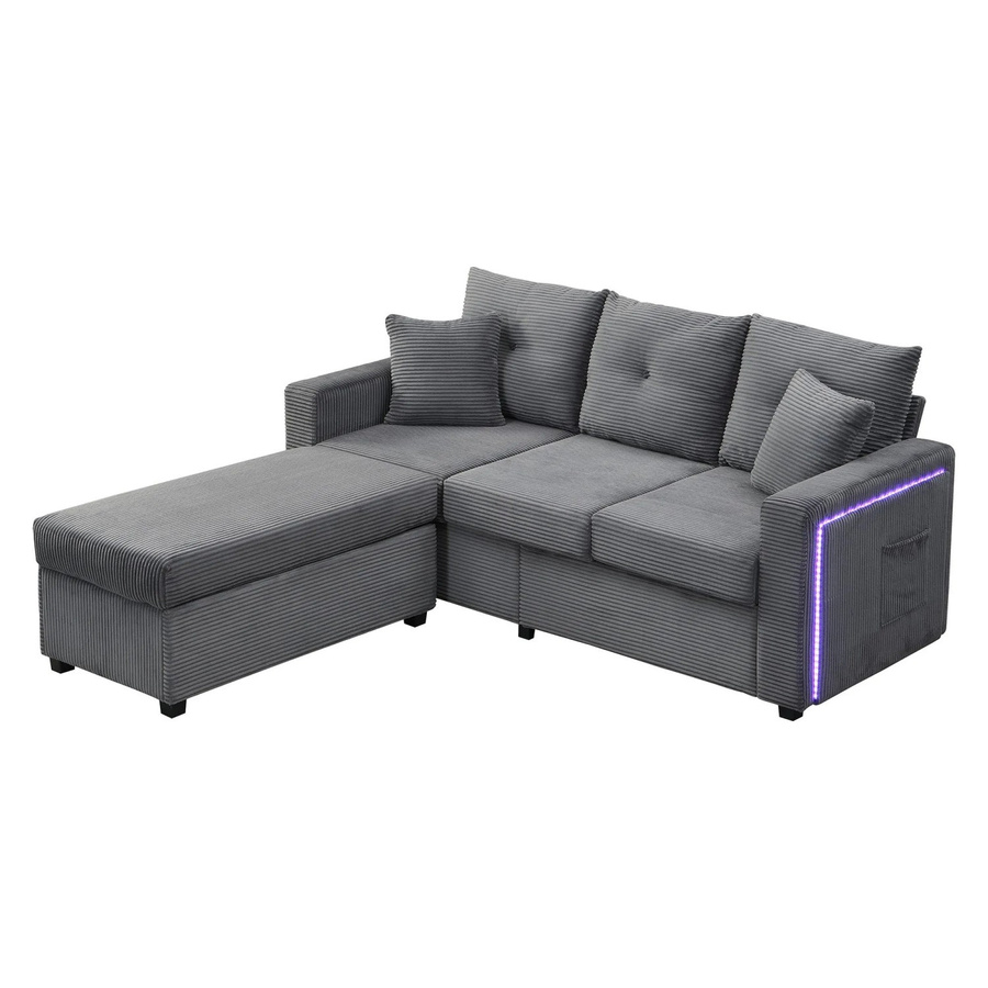 Merax L-Sofa 3-Sitzer mit LED-Beleuchtung und passendem Ottoman in Grau, modernes modulares Polstersofa mit Cord-Bezug und Solid Wood Frame - Bild 2