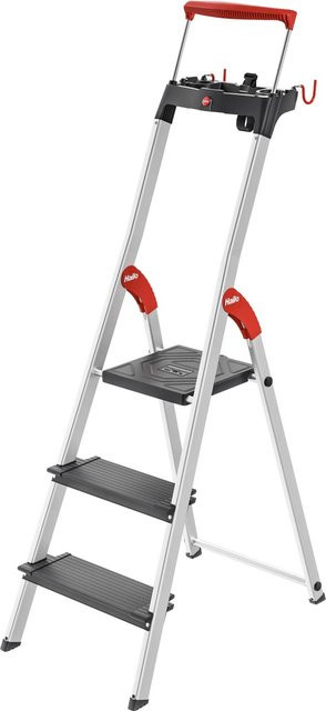 Hailo L100 TopLine Alu-Sicherheits-Stehleiter, 3-stufig, Silber/Schwarz, mit Multifunktionsschale und Haltebügel, bis 150 kg belastbar - Bild 1