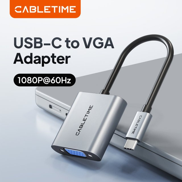 CABLETIME USB-C-auf-VGA-Adapter in Silber für HD 1080p bei 60 Hz zur Verbindung von Laptop, Tablet oder PC mit TV oder Monitor - Bild 1