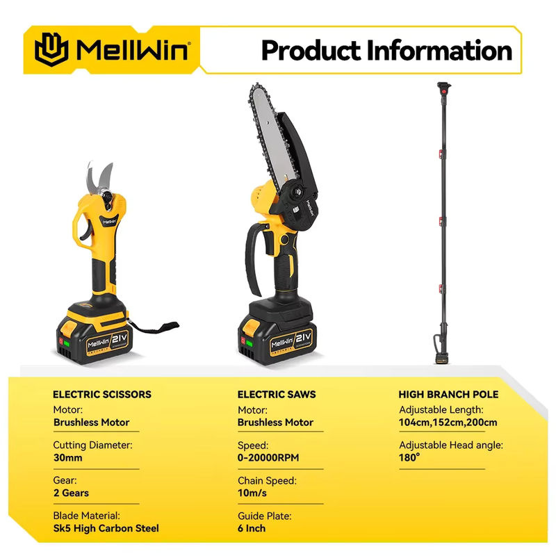 MELLWIN 3-in-1 Gartenwerkzeug-Set mit bürsterloser 6-Zoll-Kettensäge und 30-mm-Gartenschere inklusive 2 m Teleskopstange für Makita 18V Akku - Bild 3