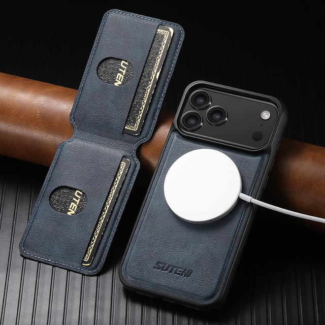 SUTENI 2-in-1 Magnet Kunstleder Handyhülle mit Kartenhalter und Ständer für iPhone 17 Pro Max 16 15 14 13 12, Farbe: Braun, Wireless Charging kompatibel - Bild 1