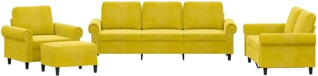 vidaXL 4-teilige Sofagarnitur aus Samt in Gelb mit Kissen, bestehend aus 3-Sitzer-Sofa, 2-Sitzer-Sofa, Sessel und Ottoman - Bild 1
