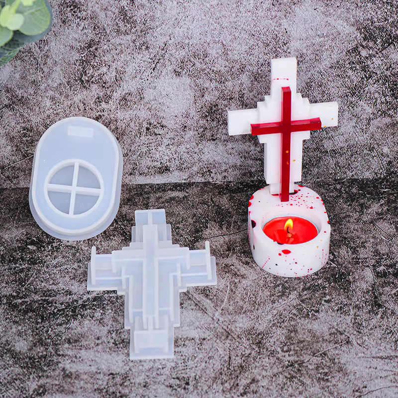 Silikonform für handgemachte Kreuz-Kerzenständer zur Herstellung aus Zement, Harz oder Gips in Weiß - Bild 3