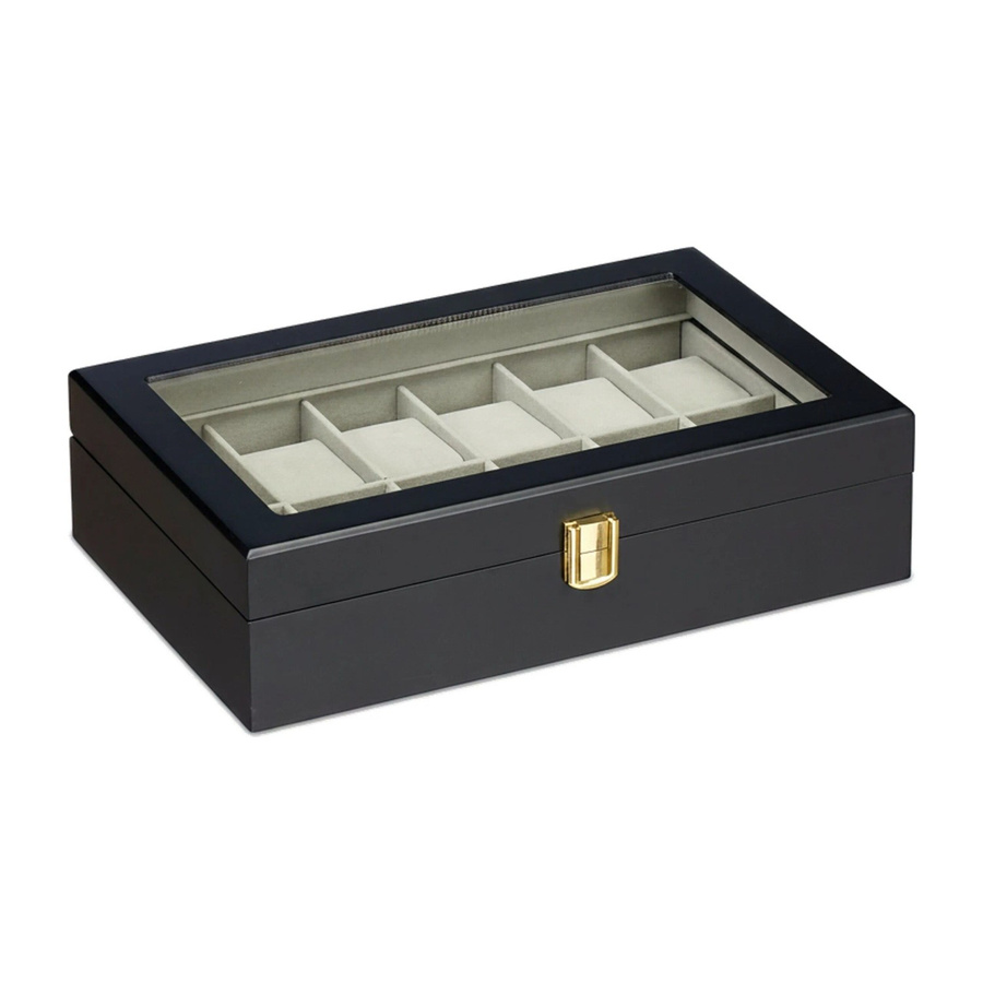 Relaxdays Uhrenbox Holz Glas Samt Metall, Schwarz, Grau, Gold, 12 Fächer - Bild 2