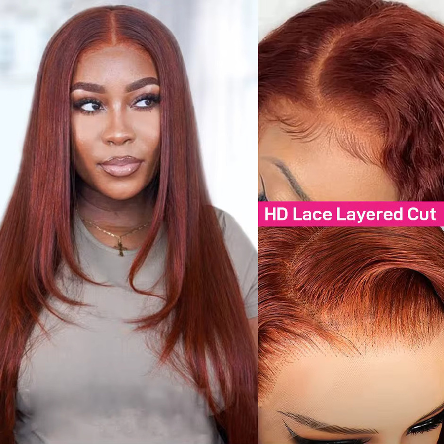 ISEE-Haare Lace-Front-Perücke, 100 % Echthaar, rotbraun, gerade - Bild 3