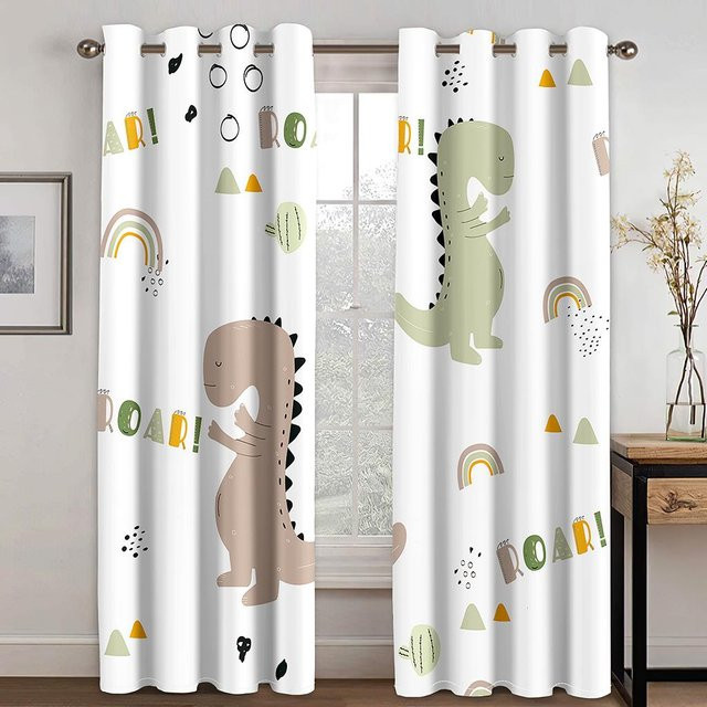 Moderne Dinosaurier Vorhänge von Super Six mit grafischem Design, halbtransparent, Polyester, Mehrfarbig, B: 100 cm, H: 160 cm - Bild 1