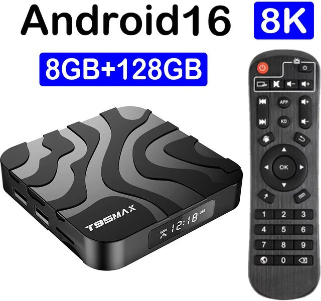 T95 Max Android 16 TV Box mit 8K Ultra HD, 8GB RAM und 64GB/128GB ROM, Allwinner H618 Streaming Media Player Set Top Box, Schwarz - Bild 1