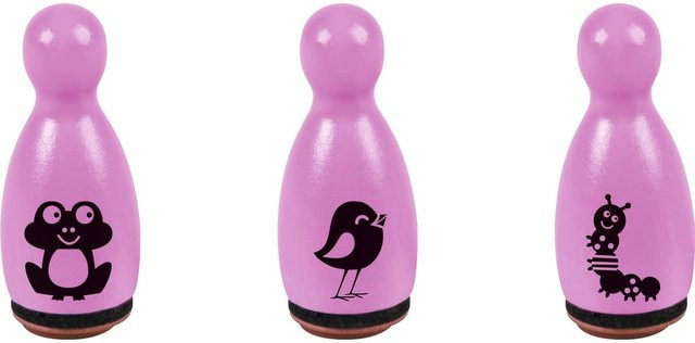 Heyda Stempel-Figuren Tiere Set in Pink mit Frosch, Vogel und Raupe aus Holz und Kunststoff - Bild 1