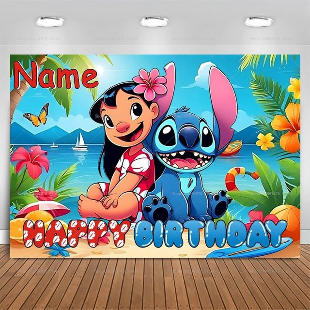Lilo und Stitch Party-Hintergrund mit tropischen Blumen für Kindergeburtstage und Babypartys, Blau, B: 150 cm, H: 100 cm - Bild 1