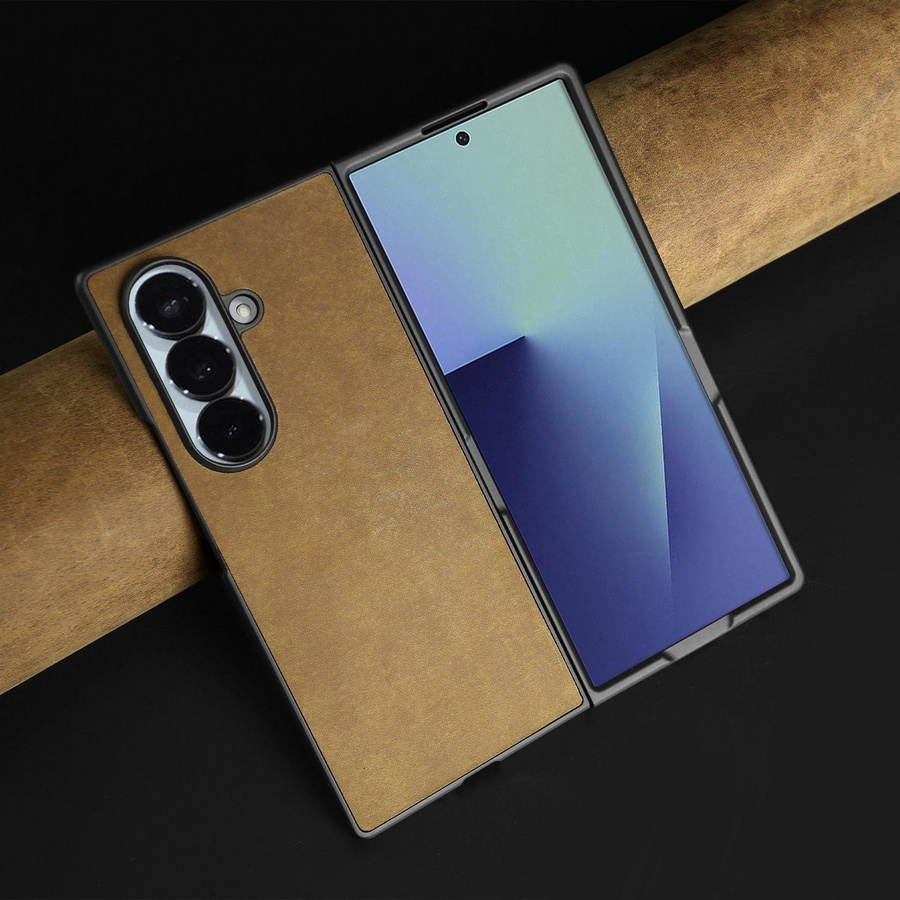 Handgefertigte Retro Handyhülle aus echtem Crazy Horse Leder für Samsung Galaxy Z Fold 6 und Fold 7 in Braun - Bild 3
