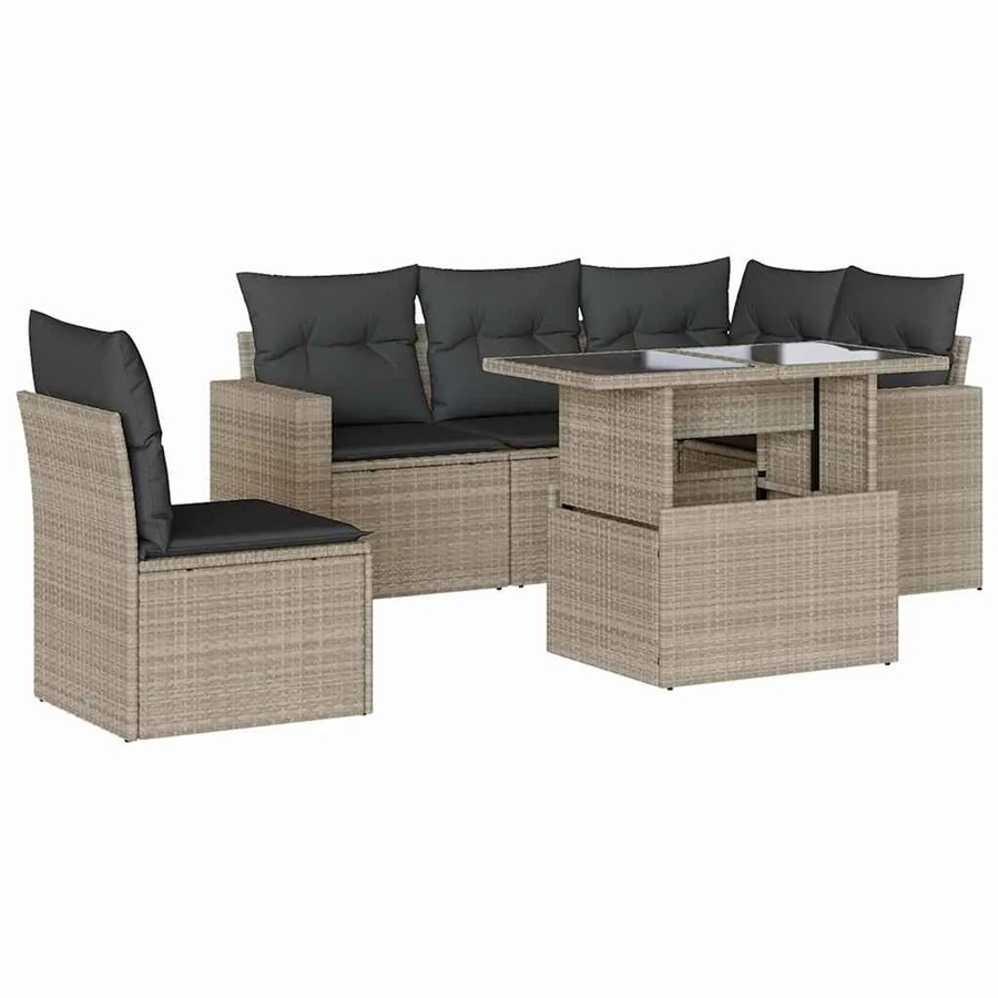 vidaXL 6-teilige Garten-Sofagarnitur aus Poly-Rattan mit Kissen in Hellgrau - Bild 2
