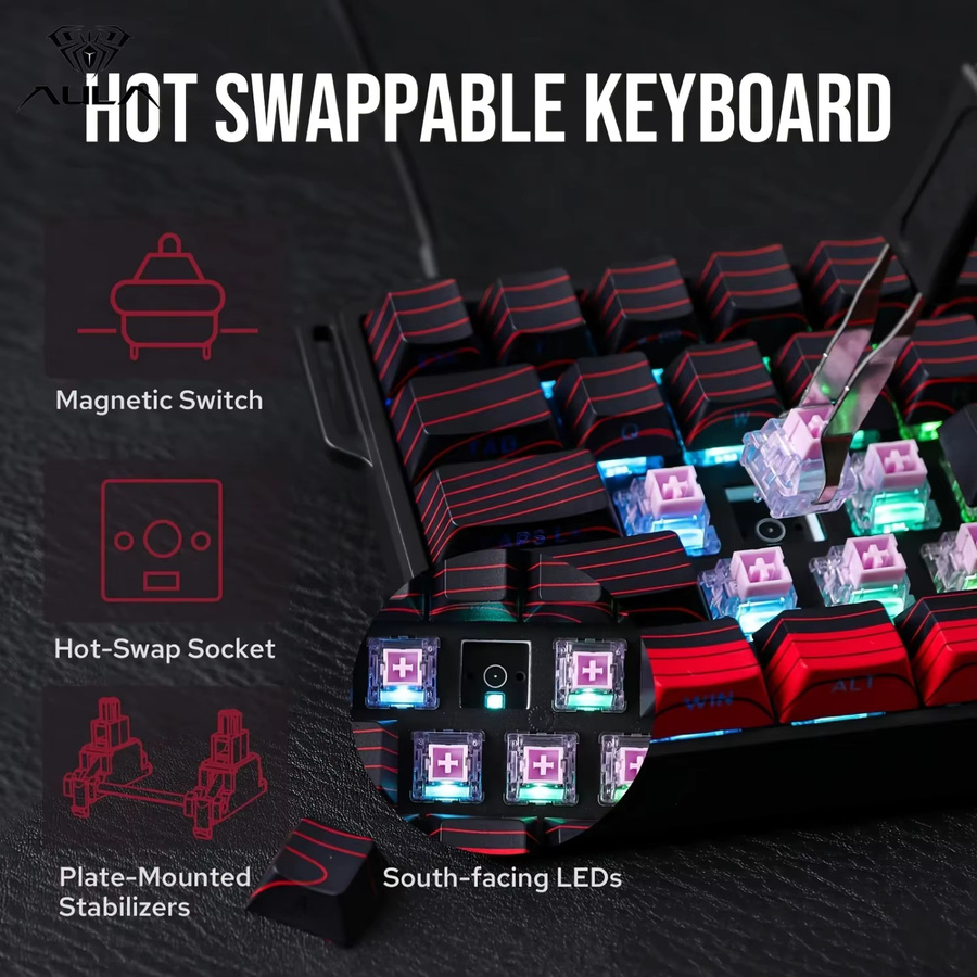 AULA WIN60 WIN68 HE Gaming-Tastatur mit Magnetschaltern, 60% und 68% Layout, RGB, Hotswap und 8K Polling Rate, Schwarz - Bild 3