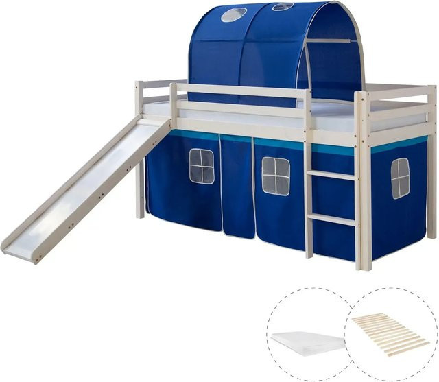 Homestyle4u Kinder Hochbett aus Kiefernholz mit Rutsche, Tunnel, Vorhang und Matratze in Weiß - Bild 1