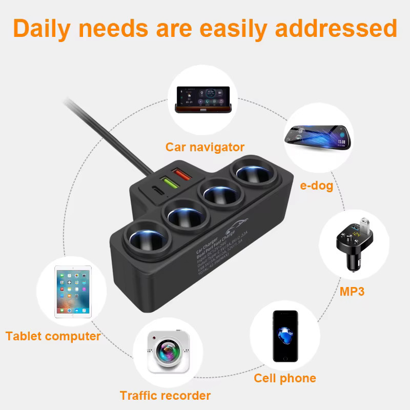 Baideluo Multifunktionales Autoladegerät in Schwarz mit 2 USB-A und 1 USB-C Anschluss sowie 4 Zigarettenanzünder-Buchsen zum schnellen Laden von Mobiltelefonen und Tablets - Bild 4